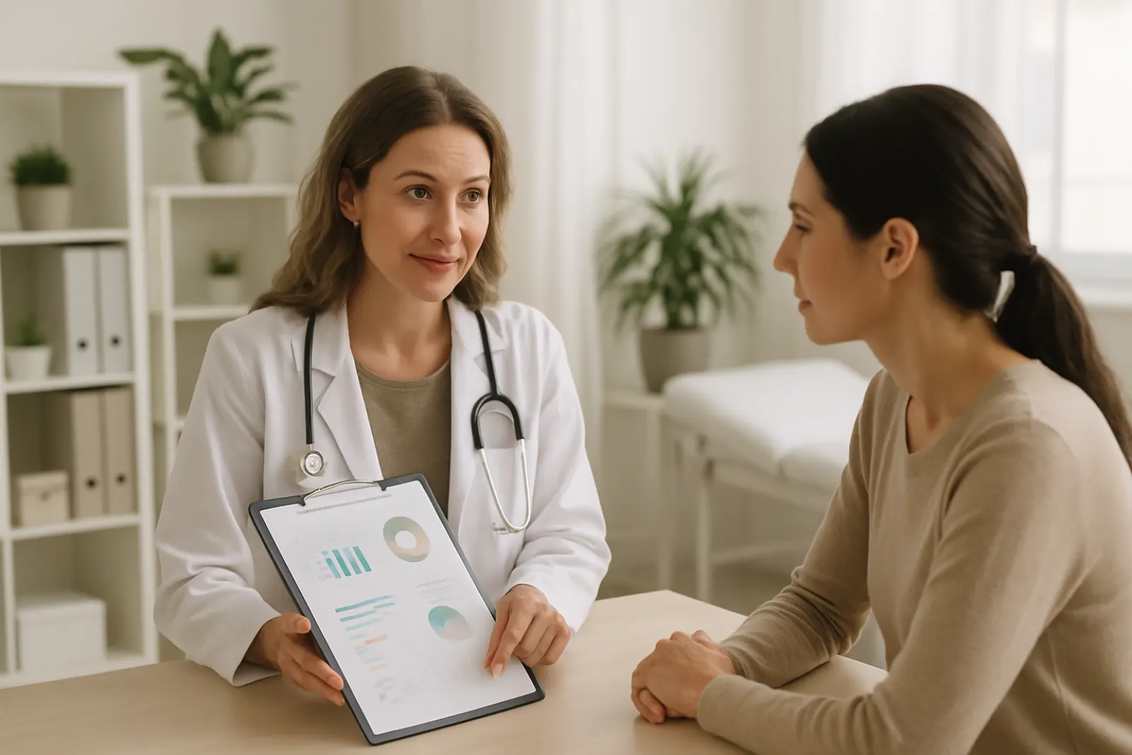 Functional medicine practitioner consulting patient in a bright clinic representing personalized root cause healthcare