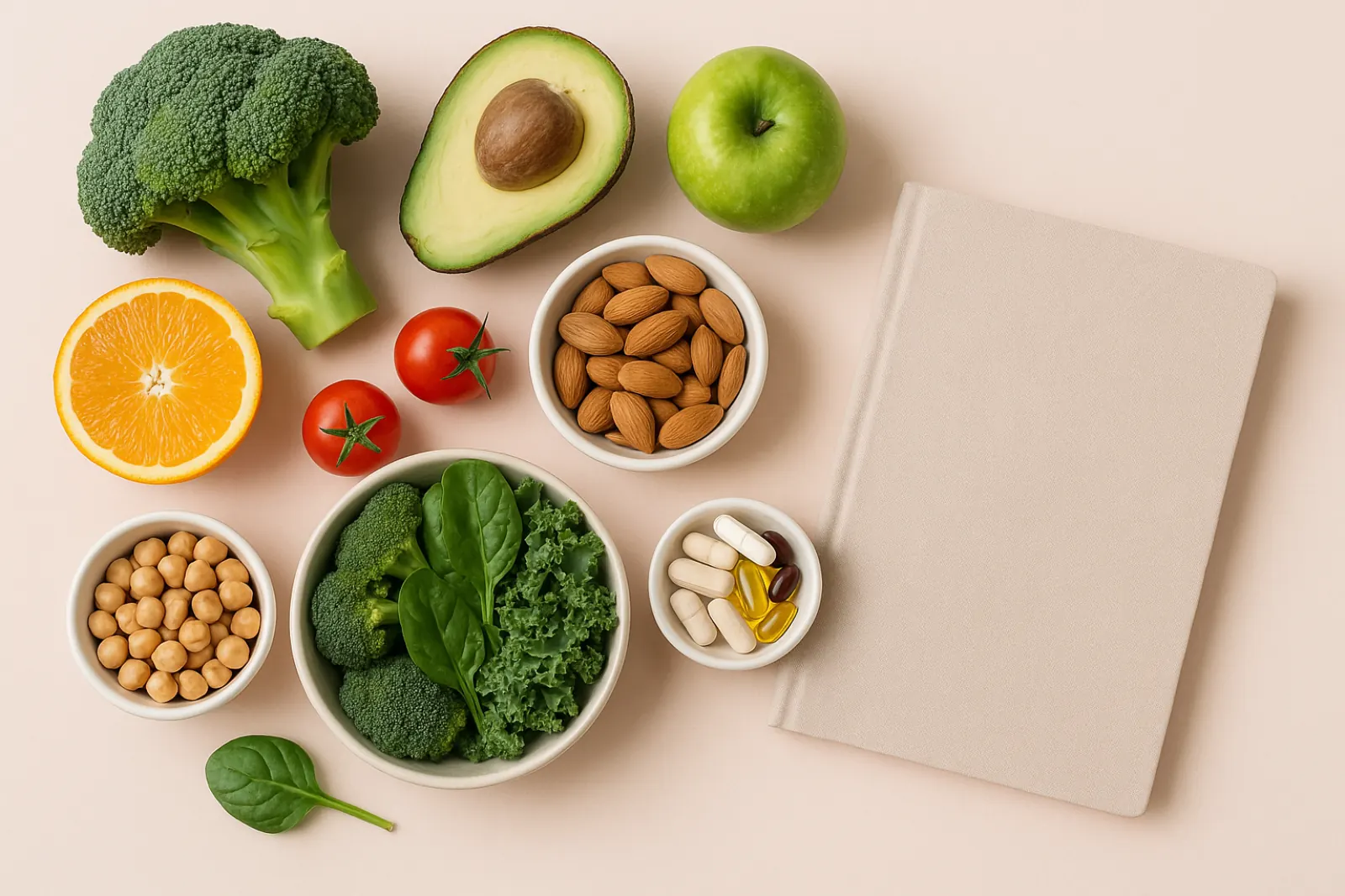 Healthy lifestyle elements including fresh foods and supplements illustrating functional medicine approach to wellness