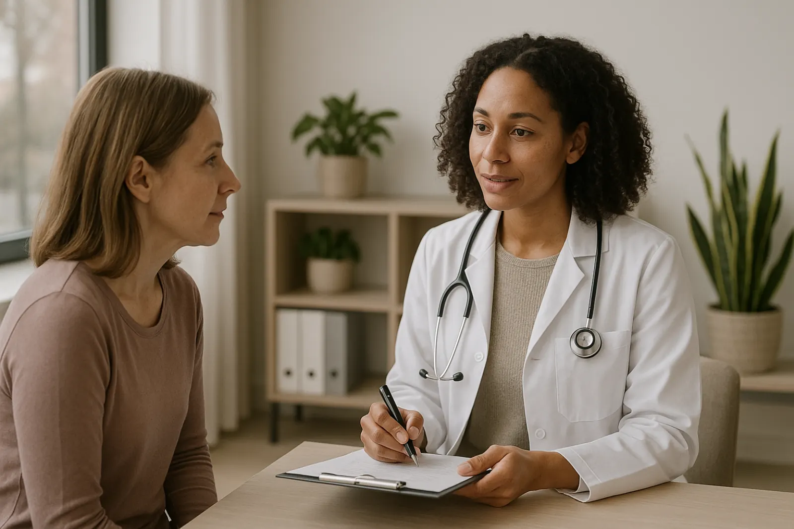 Doctor and patient in an integrative medicine consultation in a bright, clean Atlanta clinic environment