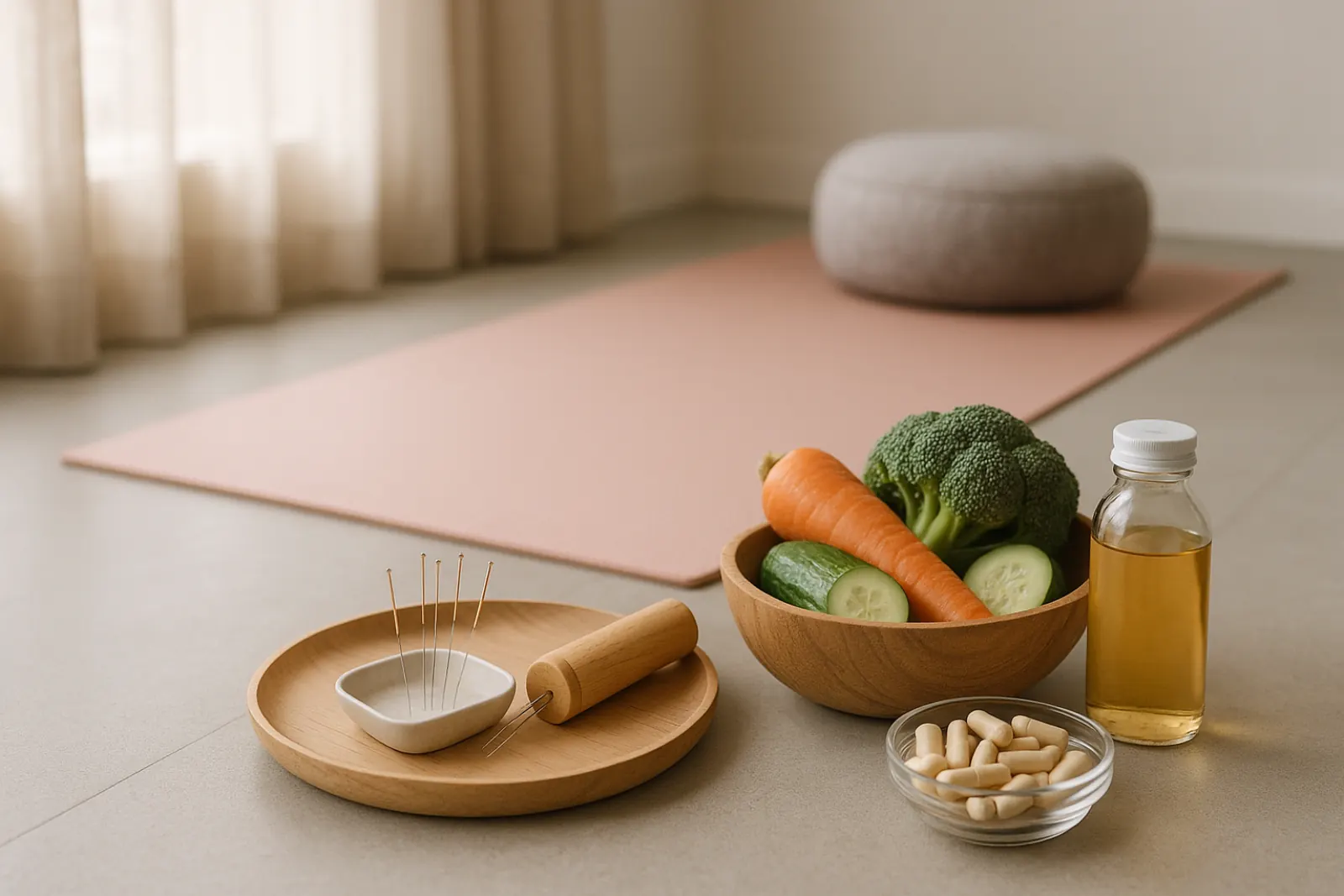 Wellness center setup showing natural therapies including acupuncture, nutrition, and mind-body medicine elements in a serene and calm space