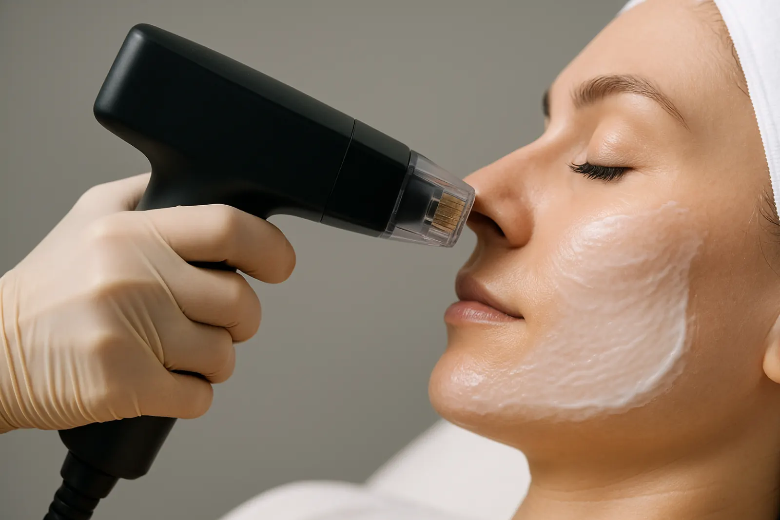 Close-up image of Morpheus8 microneedling radiofrequency device being applied to patient's cheek during skin rejuvenation treatment