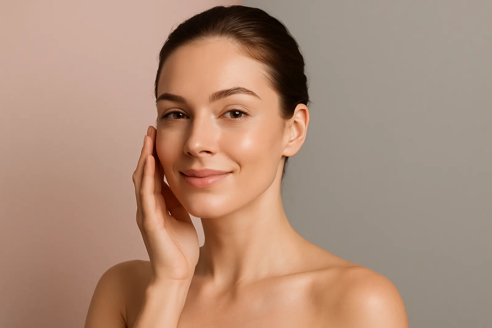 Smiling woman with firm, smooth skin touching her face showing results of Morpheus8 skin rejuvenation treatment