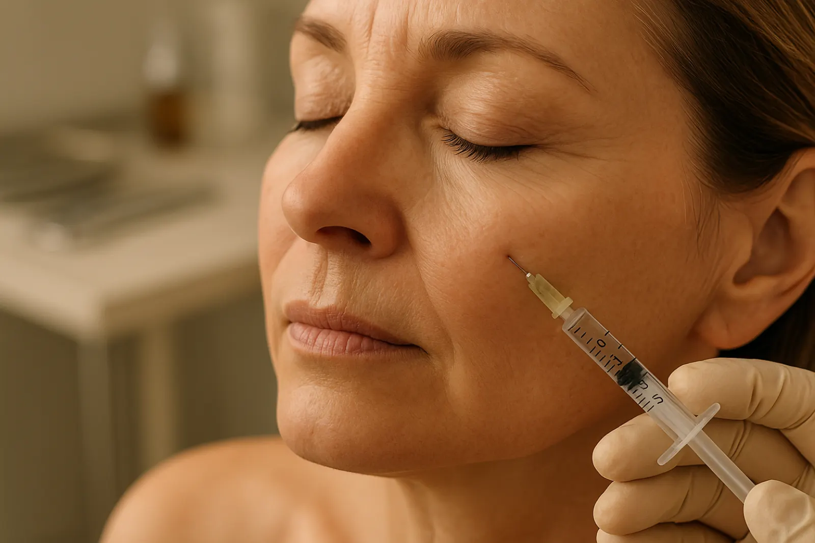 Close-up image showing a syringe injecting dermal filler into a woman's cheek with focus on smooth skin and professional technique.