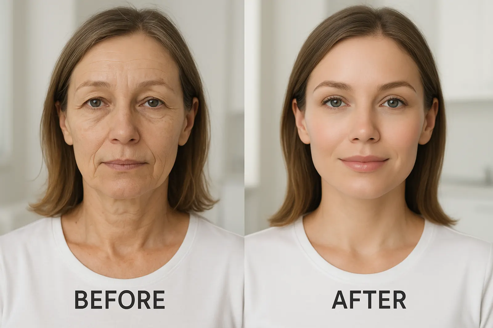 Side-by-side before and after images of a woman showing the effects of dermal filler treatment with improved skin volume and facial contours.