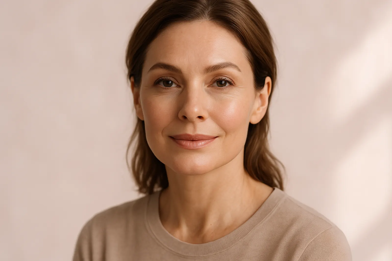 Middle-aged woman with smooth skin looking confident and refreshed against a softly blurred neutral background
