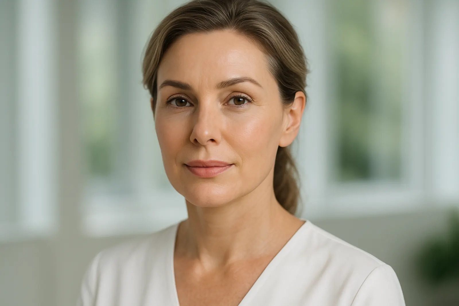 Portrait of a confident middle-aged woman with smooth skin and enhanced facial volume showing natural dermal filler results.