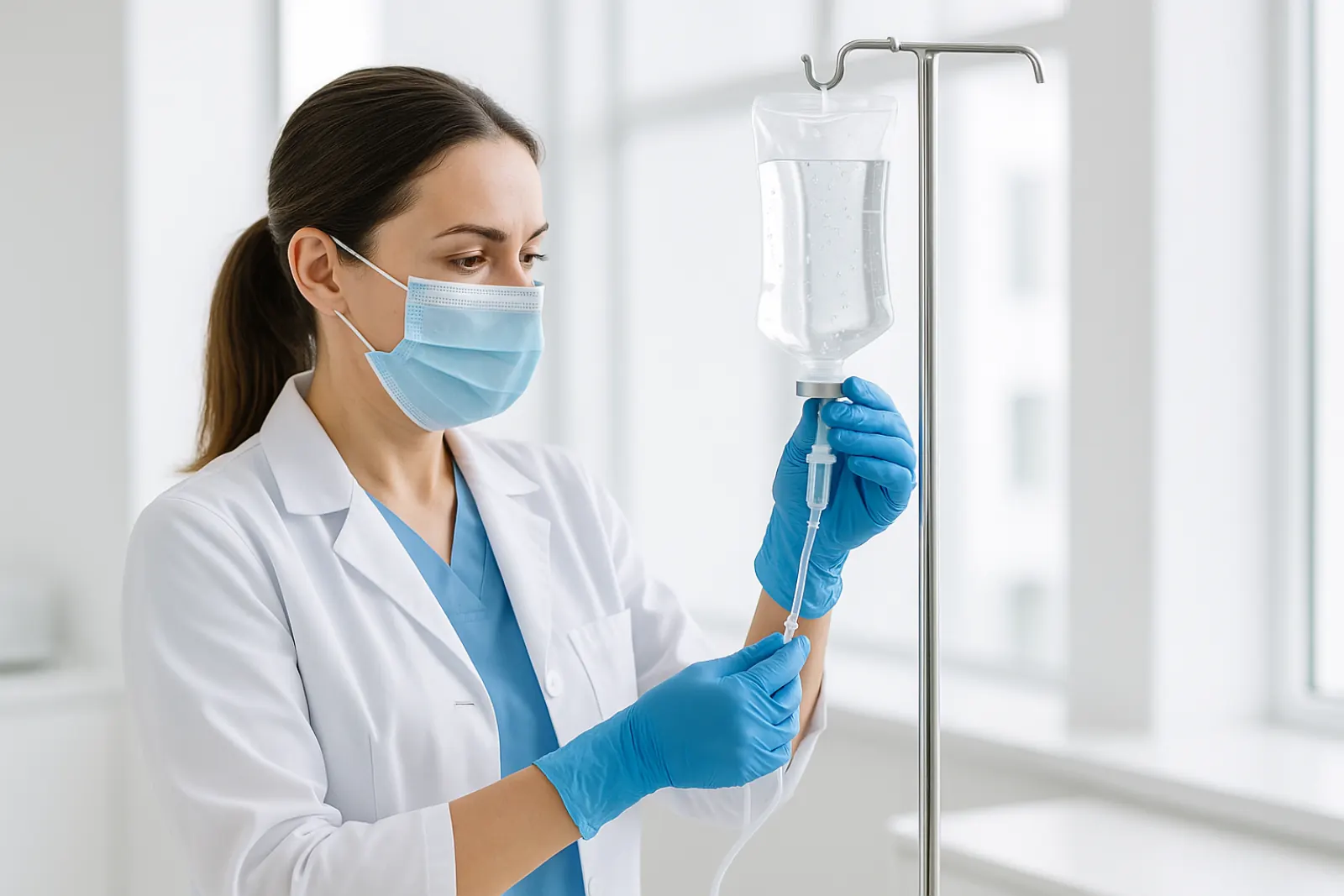 Medical professional preparing IV hydration bag in a modern clinic with bright natural light.