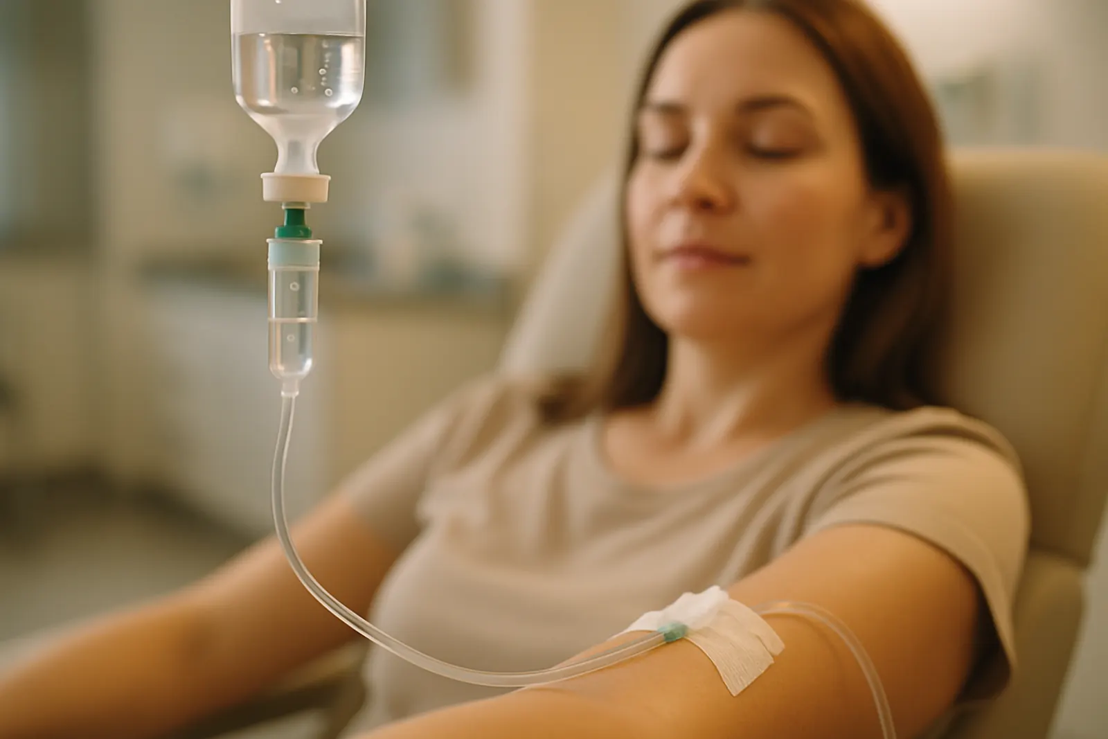 Close-up of a patient receiving IV hydration therapy with IV drip connected to arm in a calm clinical environment.
