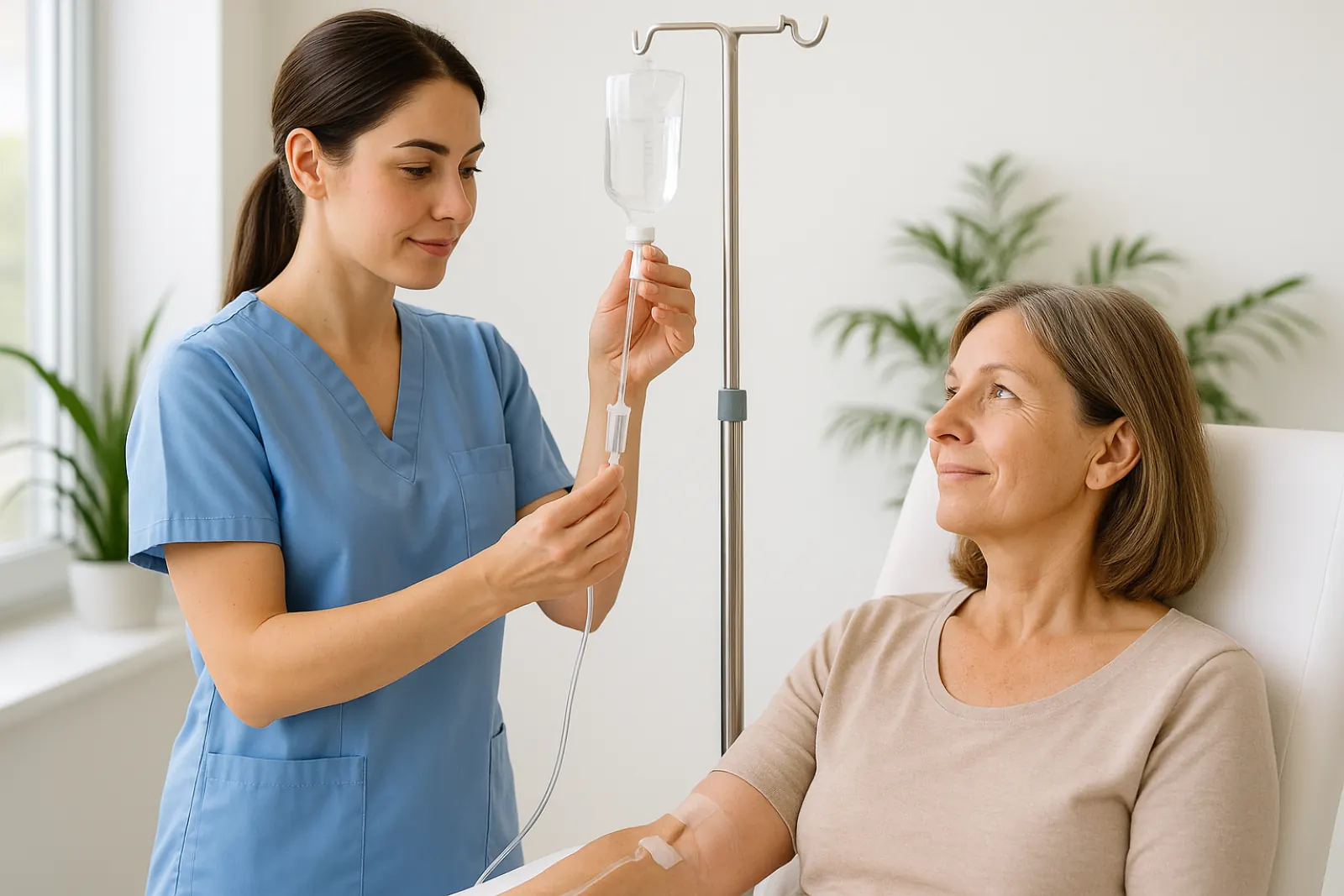 Nurse adjusting IV drip for middle-aged woman in a bright, modern clinic with green plants and soft lighting.