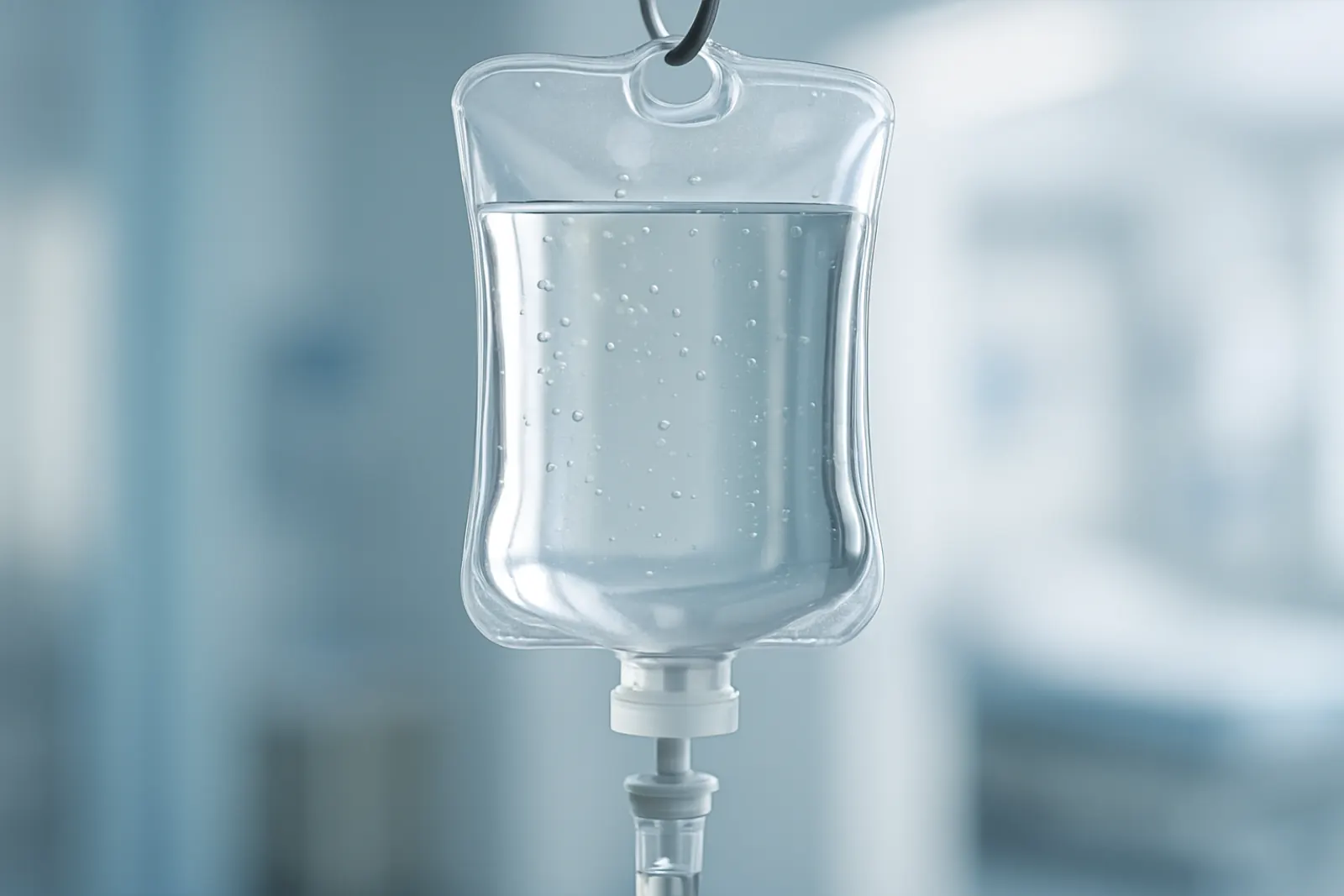 Close-up of a clear IV drip bag with hydration fluid hanging in a softly lit medical room.