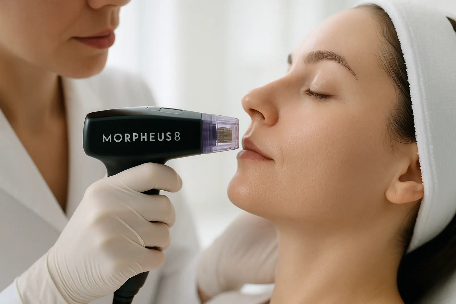 Dermatologist applying Morpheus8 microneedling treatment to a woman's cheek in a bright clinical environment.