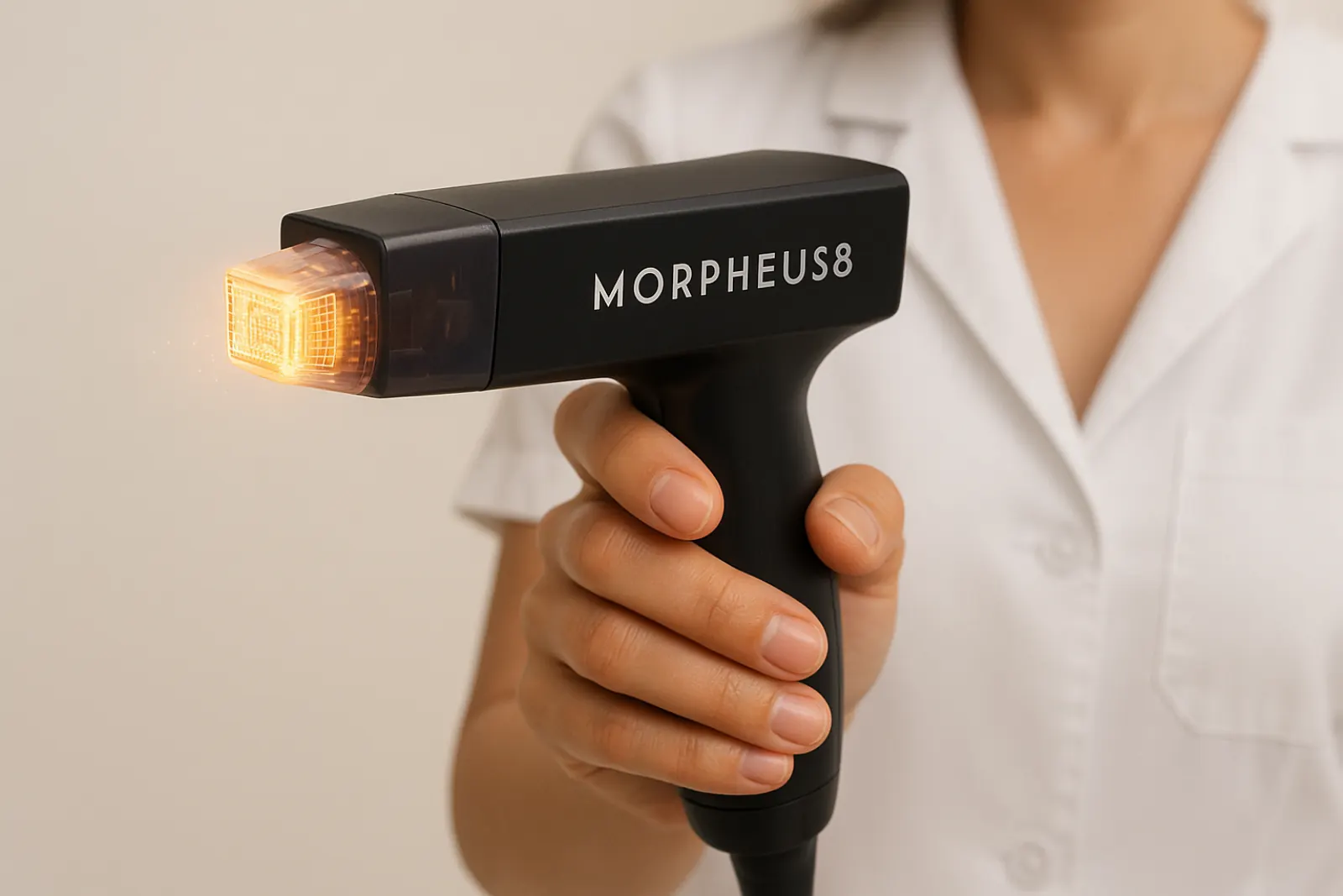 Close-up of a medical professional holding a Morpheus8 radiofrequency device tip against a neutral light background.