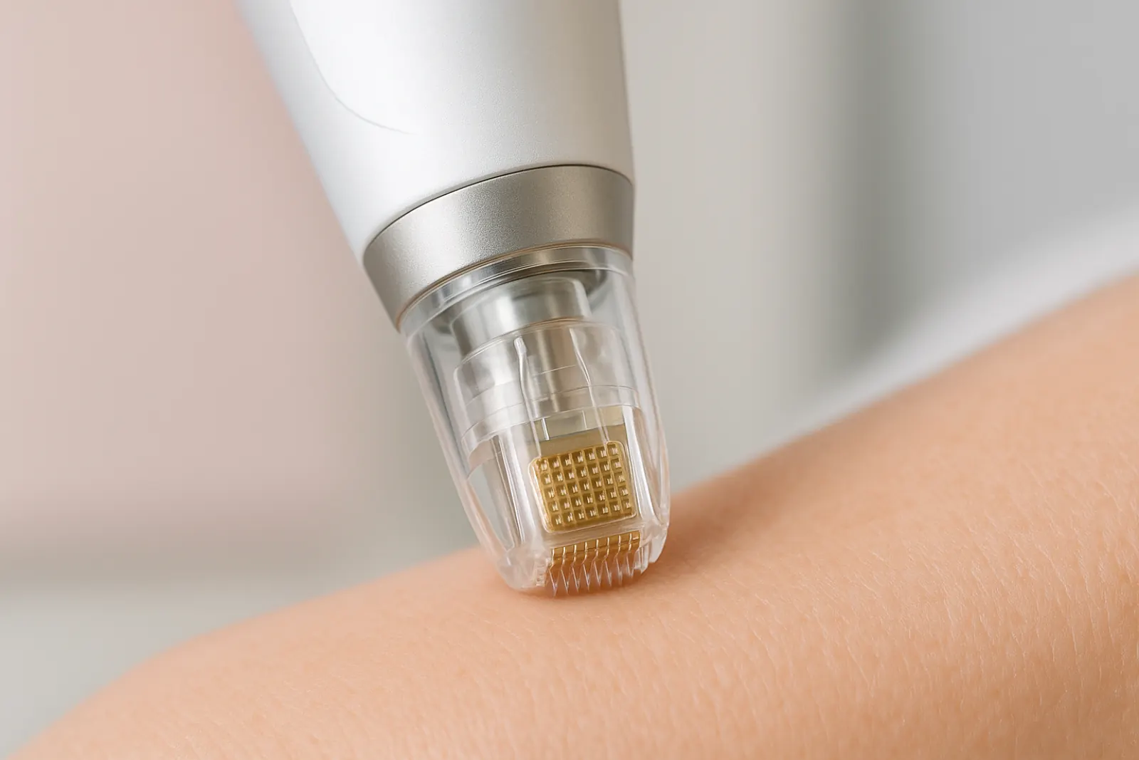 Handheld RF microneedling device with tiny needles near skin surface in clinical setting showing treatment process