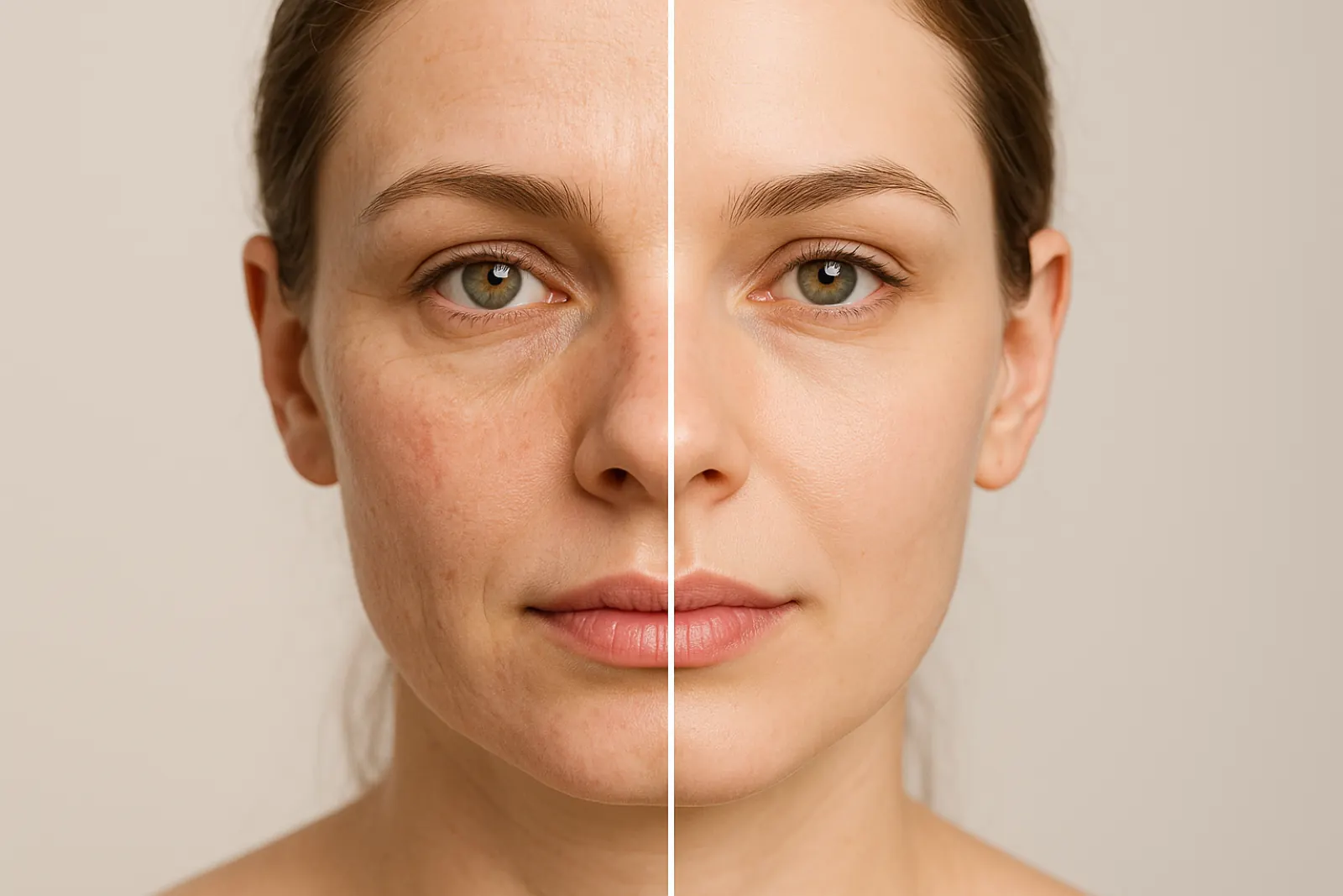 Side-by-side realistic comparison of a woman's skin before and after RF microneedling treatment showing improved smoothness and firmness