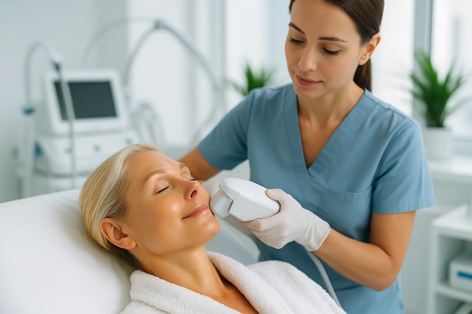 Medical professional performing a skin tightening procedure on a middle-aged woman in a modern Atlanta clinic with bright natural lighting.