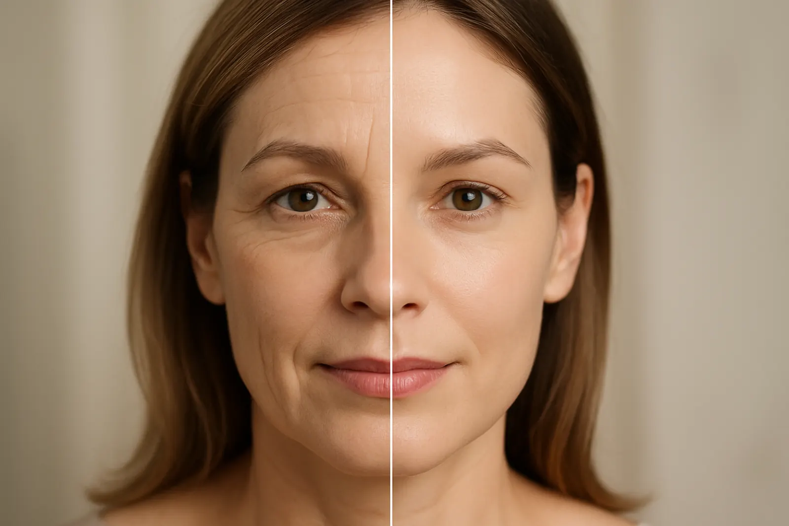 Split-screen comparison of a woman's face before and after skin tightening treatment, highlighting smoother and firmer skin on the right.