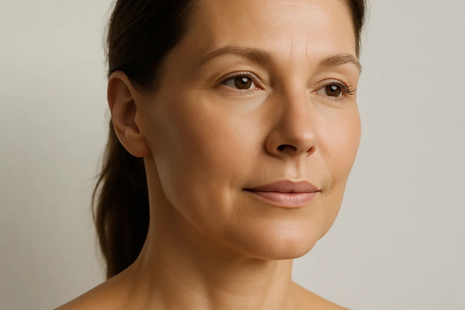 Close-up of a middle-aged woman’s face with firm and smooth skin, demonstrating the results of a non-surgical skin tightening treatment.