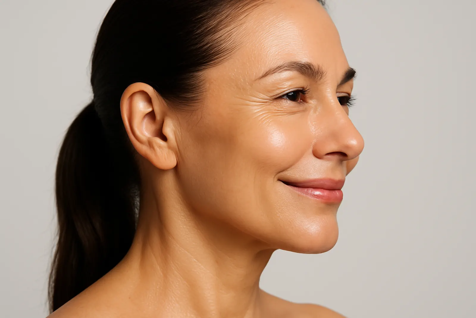 Side profile of a smiling woman showing firm, radiant skin after a non-surgical skin tightening procedure.