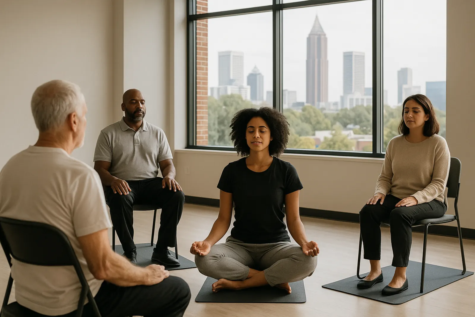 Group of diverse professionals participating in a small mindfulness or stress management session in a bright Atlanta community center room