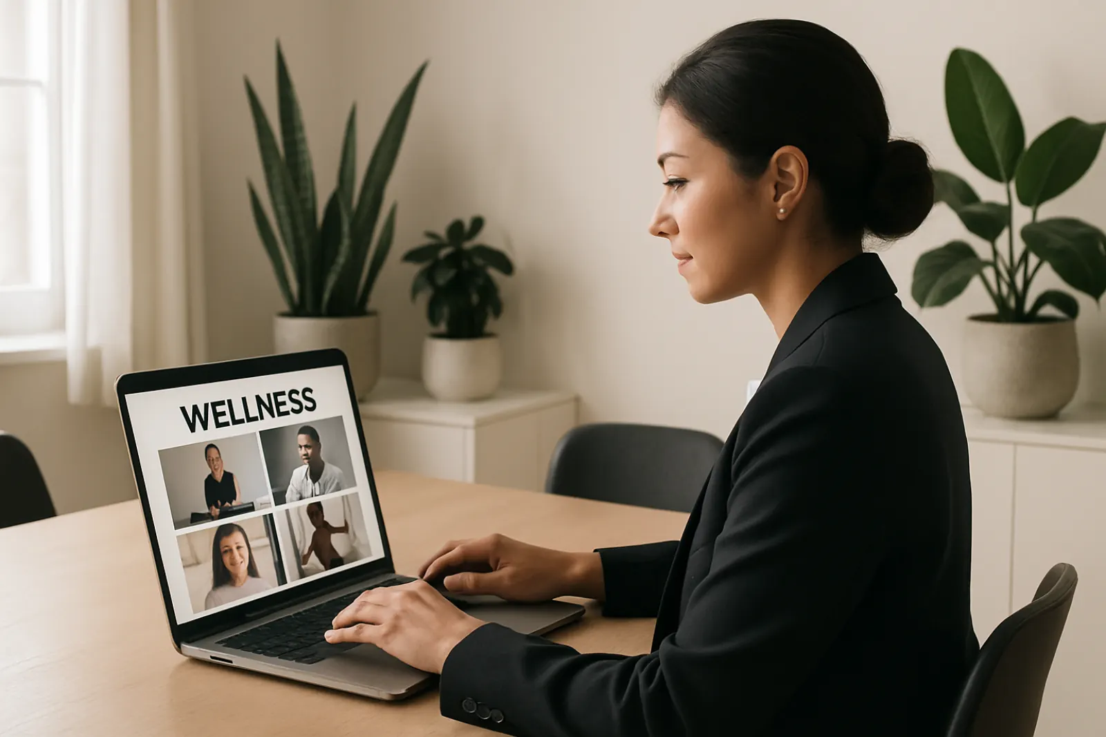 Busy professional woman using a laptop at home engaging with a virtual wellness program in a calm, natural setting