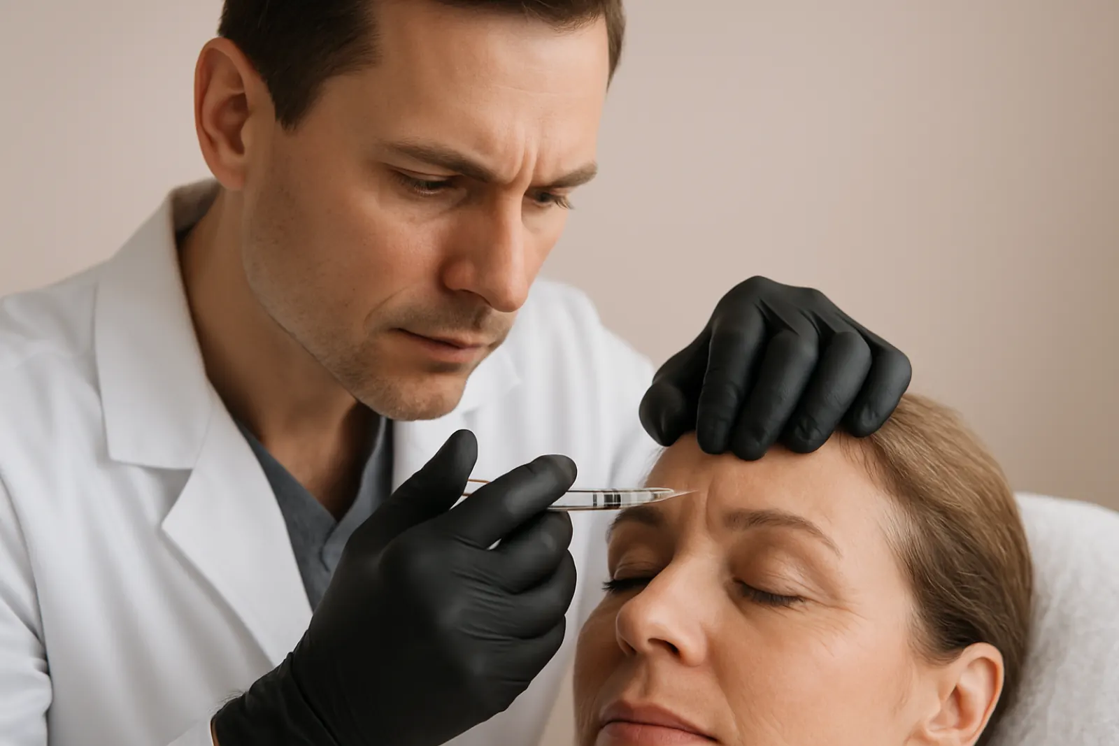 Medical professional administering Botox injections to patient's forehead in a clean clinical environment illustrating precise anti-aging treatment.