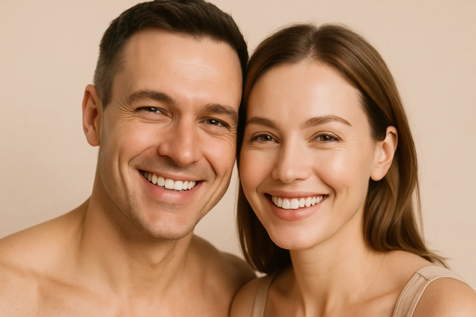 Close-up of a smiling man and woman showing smooth youthful skin after Botox treatment representing natural anti-aging results for men and women.