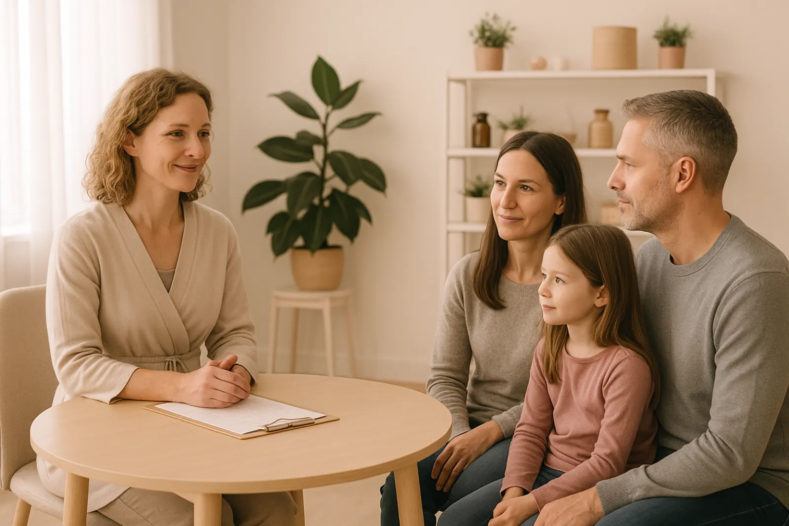 Holistic healthcare practitioner consulting with a multi-generational family in a bright clinic