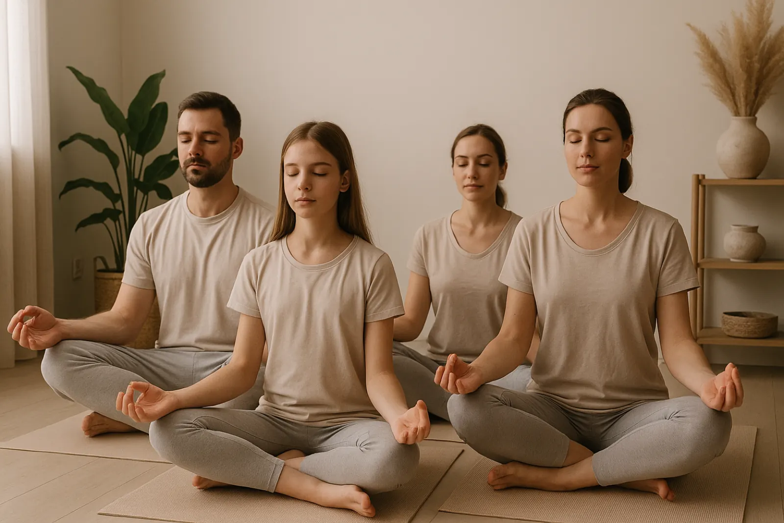 Family practicing mindfulness and yoga together in a peaceful home environment