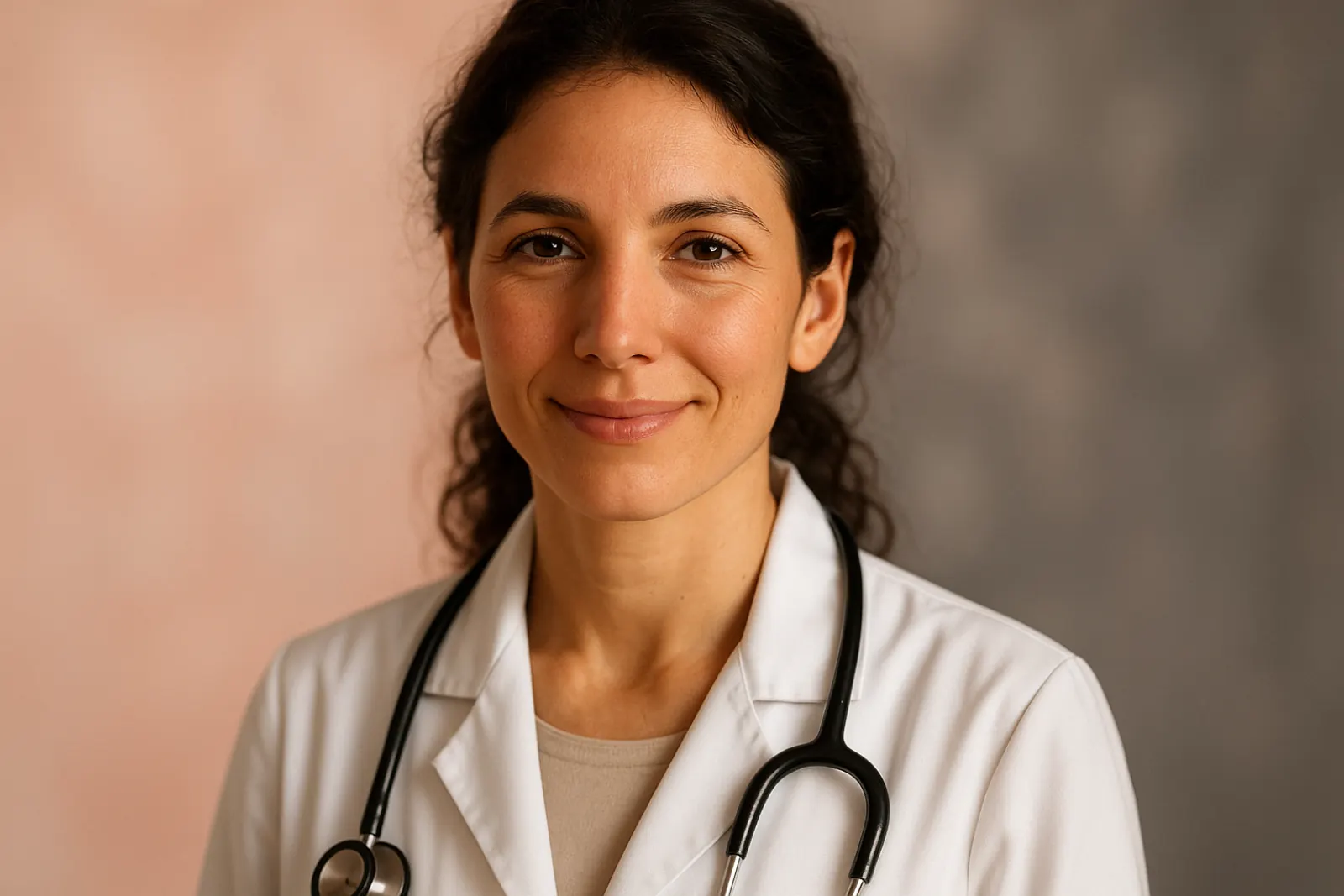 Smiling female healthcare professional in lab coat and stethoscope, softly lit against a warm pink and grey blurred background.