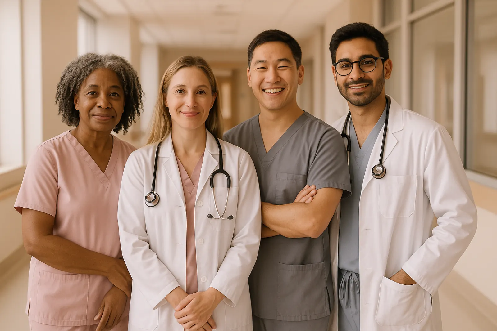 Diverse healthcare team standing together in a brightly lit hospital corridor, showing unity and support.