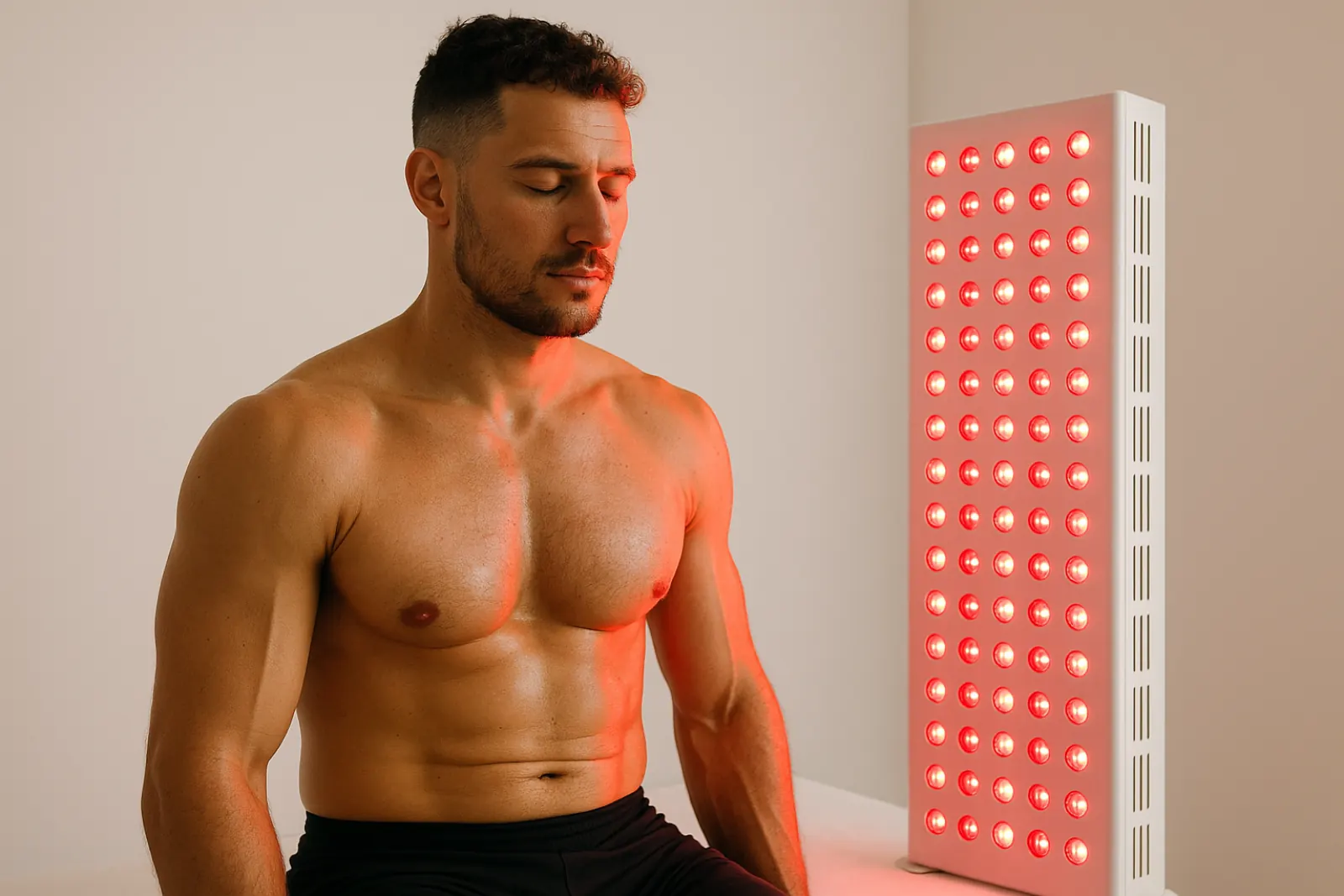Athlete undergoing red light therapy in clinical environment with visible therapy devices and soft lighting
