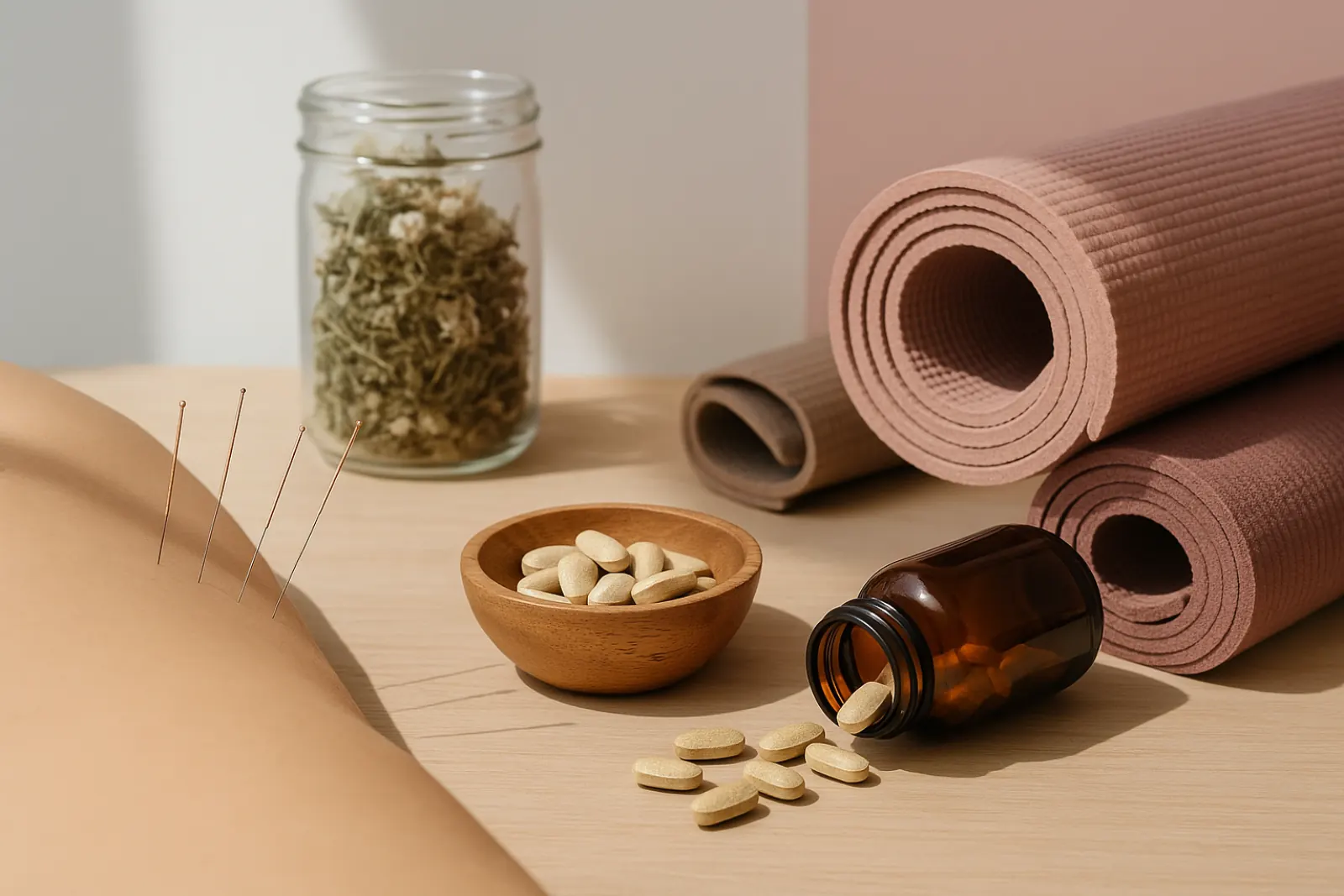 Holistic integrative medicine therapies including acupuncture, herbal supplements, and yoga setup in natural wellness environment