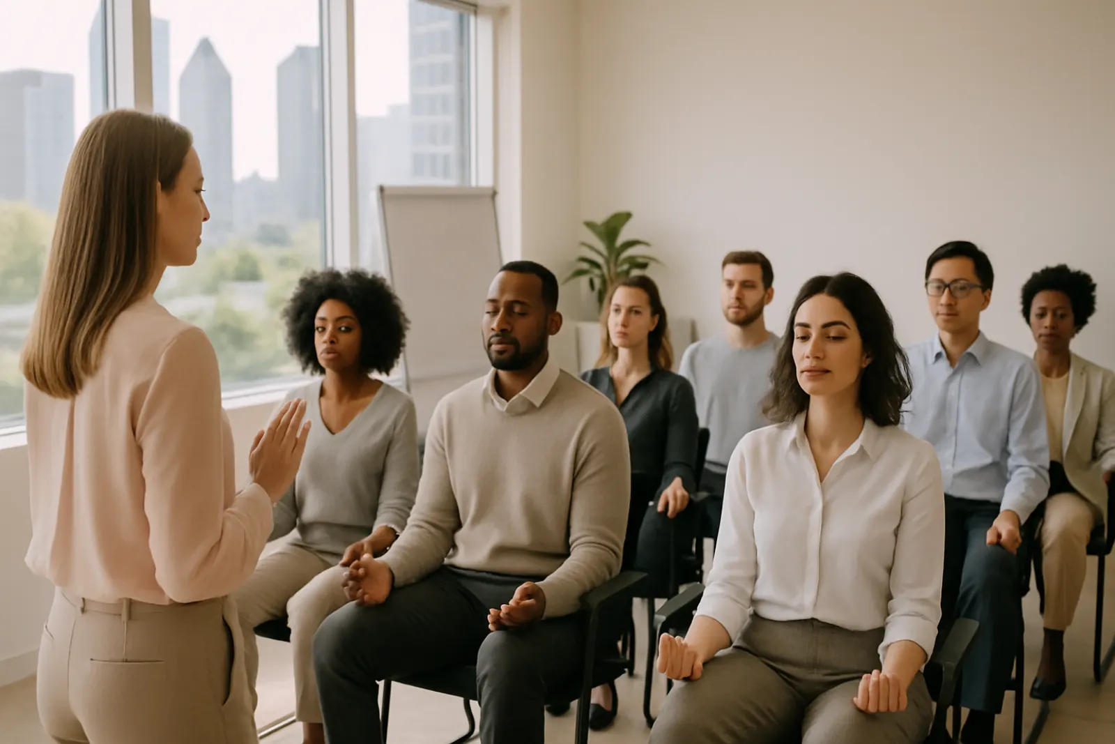 Atlanta corporate employees practicing mindfulness and stress management in a wellness workshop