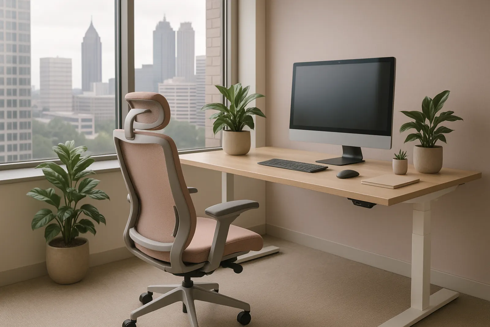 Ergonomic office workstation with plants and natural light promoting environmental wellness in Atlanta corporate setting