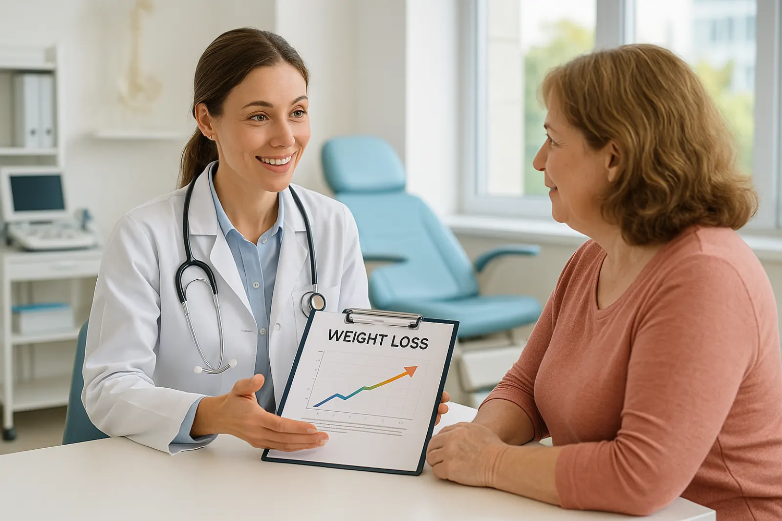 Female medical doctor in a white coat discussing weight loss plans with a middle-aged female patient in a modern medical office.
