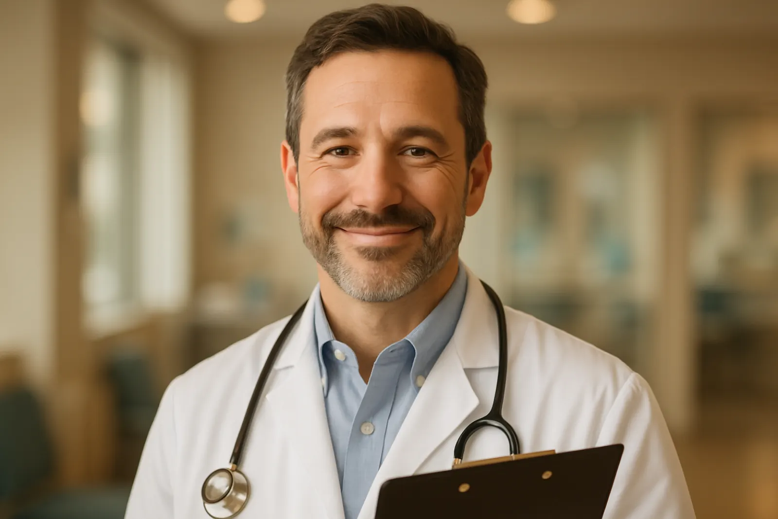 Male medical professional holding clipboard, smiling reassuringly in a modern clinic setting.