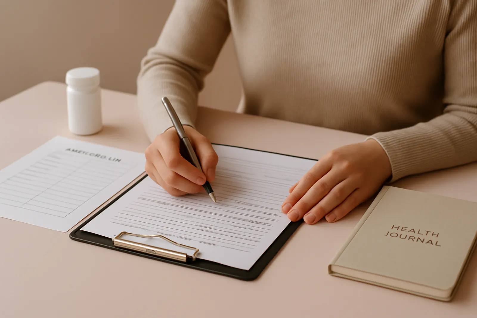 Close-up image of a patient's hands filling out medical history forms with health documents and medication lists neatly arranged on a softly lit table, illustrating preparation for an integrative medicine consultation.