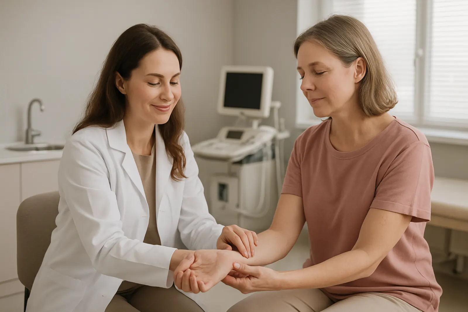 A healthcare practitioner performing a gentle physical examination on a patient during an integrative medicine consultation in a modern, well-lit medical office.